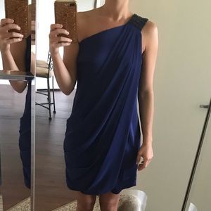 Cache navy one shoulder beaded dress